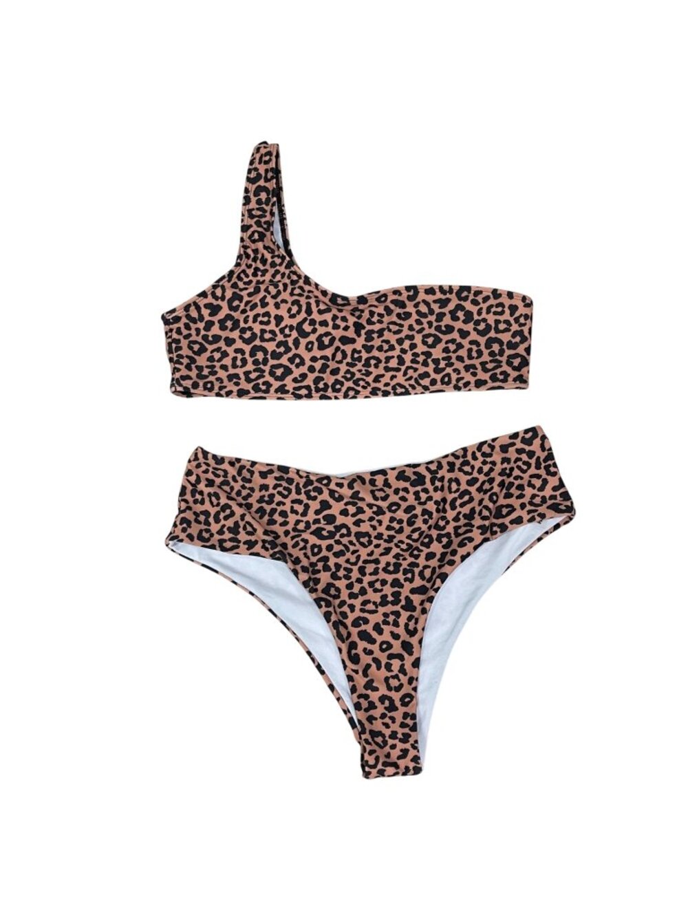 SHEIN Leopard Print One Shoulder Bikini Set‎ Women's Size XL High Waisted Animal